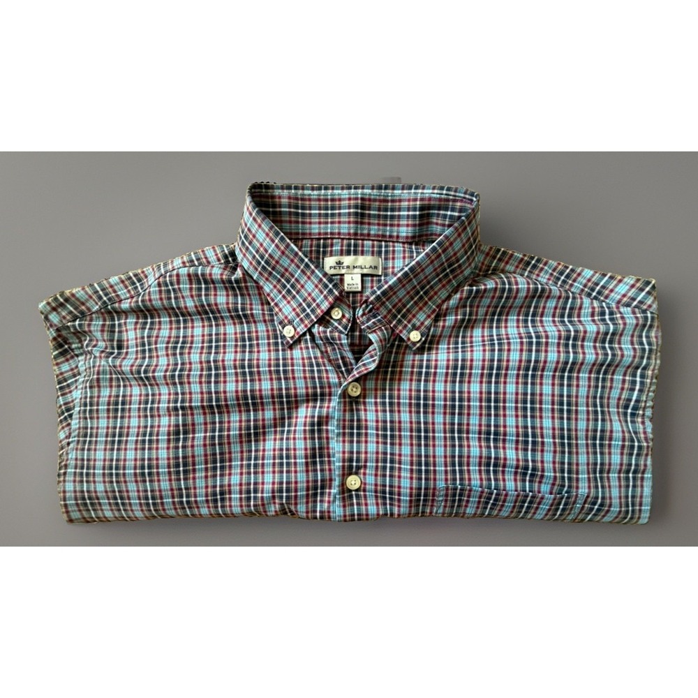 Peter Millar Long Sleeve Button Up Shirt Red Blue Plaid Oak Hill CC Large JBHS - Picture 8 of 10